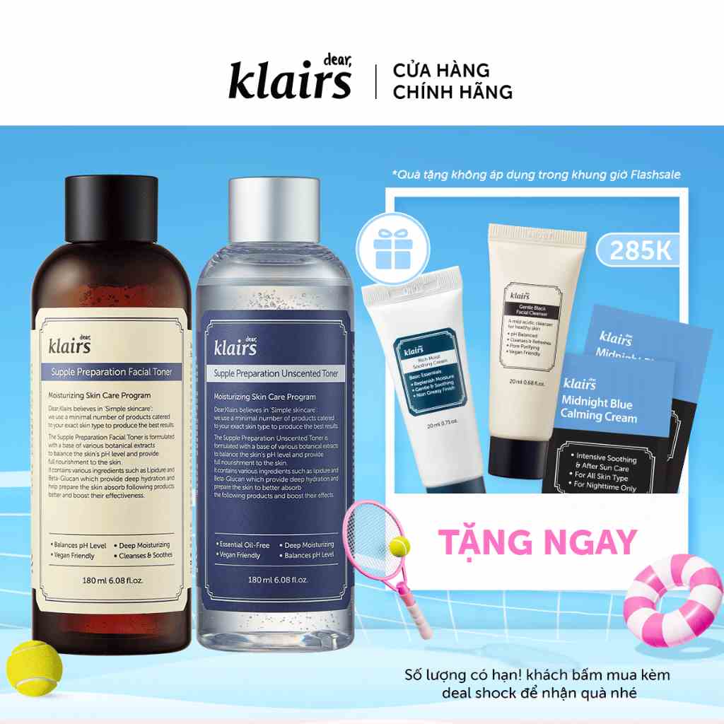 Combo nước hoa hồng Dear Klairs 1 Unscented Toner 180ml + 1 Facial Toner 180ml