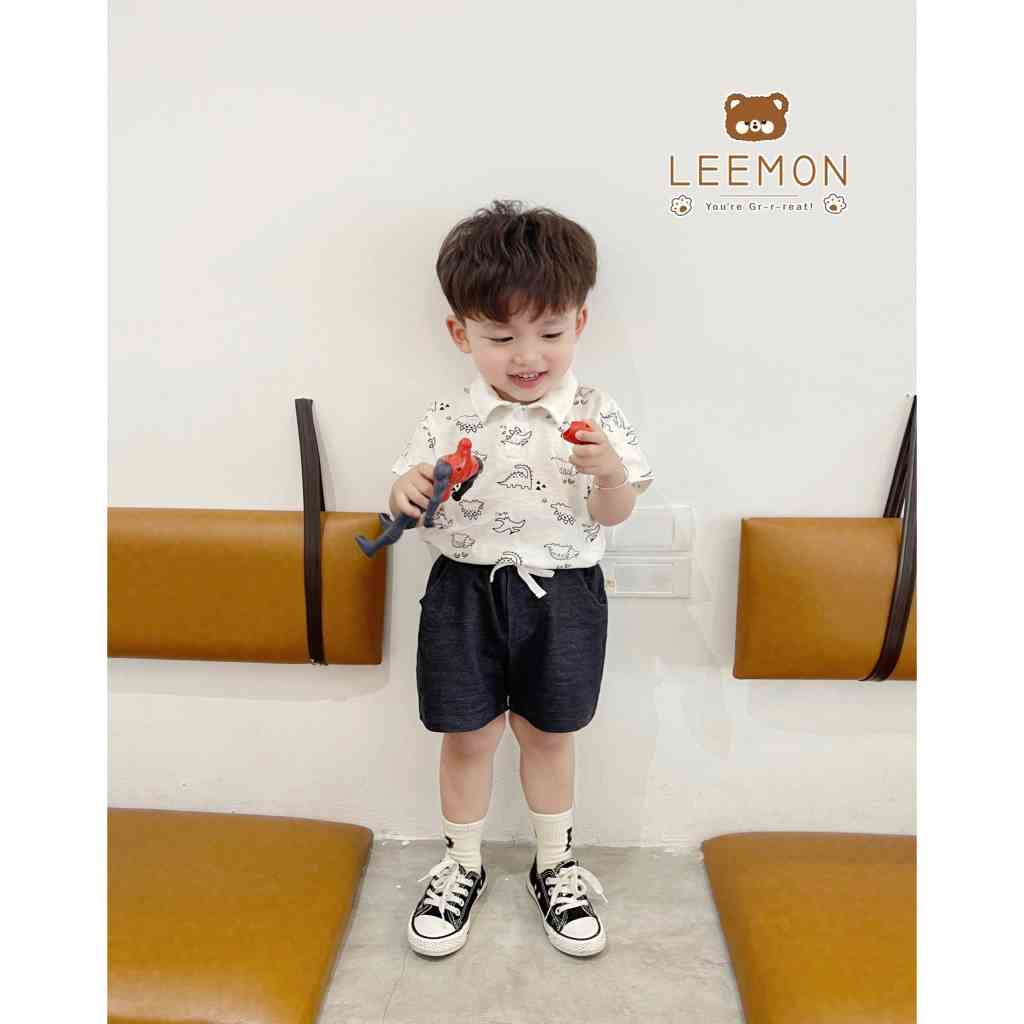 Bộ Polo khủng long cho bé trai Beemo,Chất liệu mềm mát,Áo cotton xược in khủng long dễ thương,phối quần giả bò B326