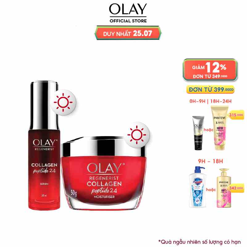 Combo 2 Kem Dưỡng + Serum Căng Mướt, Sáng Khỏe & Ngừa Lão Hóa OLAY REGENERIST Bổ Sung COLLAGEN Peptide 24 (50G + 30ML)