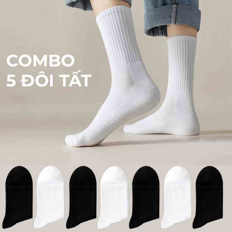 Set 5 đôi tất dài nam nữ thấm hút mồ hôi, Combo 5 đôi tất trắng đen G2 cổ cao chất cotton dệt kim hàng VNXK