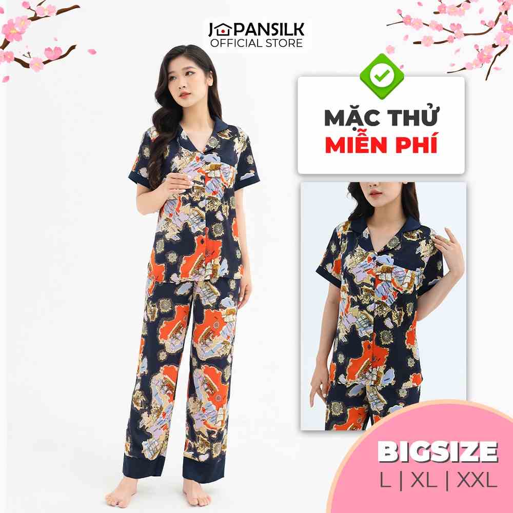 Bộ đồ ngủ Bigsize Pijama lụa Nhật cao cấp JAPANSILK, ngắn tay quần dài màu sắc trung tính sang trọng CD074