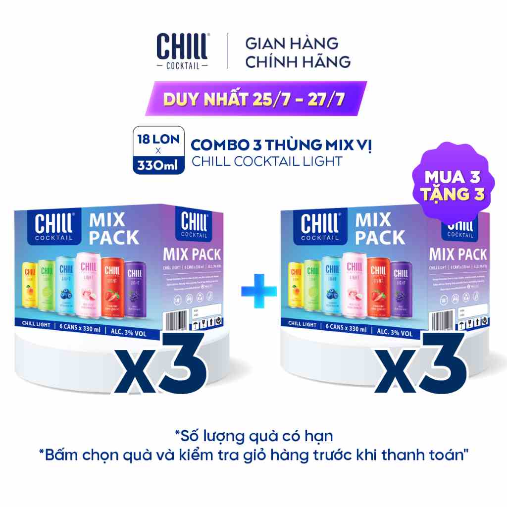 [Mã BMLTB200 giảm đến 100K đơn 499K] Combo 3 thùng Chill Cocktail Light mix vị ( 330ml x 18 lon)