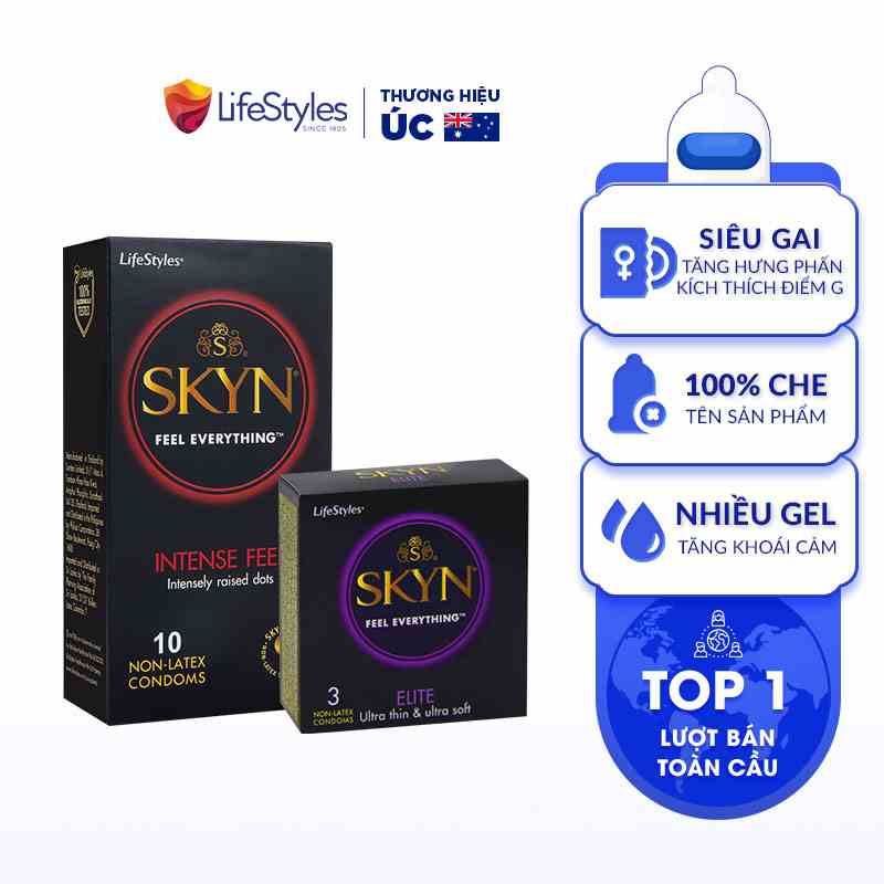 Combo 1 Hộp Bao Cao Su Siêu Gai Non-latex SKYN Intense 10 bao + 1 Hộp Skyn Elite Siêu Mềm 3 bao