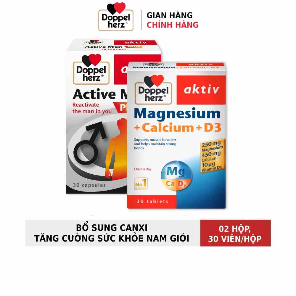 Bộ đôi bổ sung canxi, tăng cường sức khỏe nam giới Doppelherz Magnesium Canxi D3 + Active Men Plus (02 hộp, 30 viên/hộp)