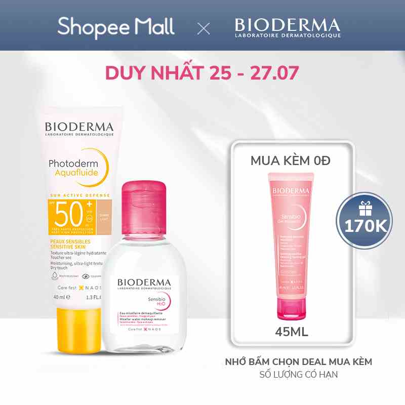 Bộ đôi kem chống nắng cho mọi loại da Bioderma Photoderm Aquafluide SPF50+ Claire 40ml và tẩy trang Sensibio H2O 100ml