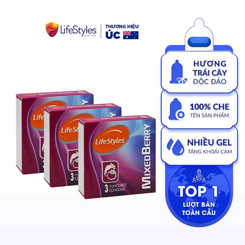 Combo 3 Bao Cao Su Hương Dâu 3 Mùi Độc Đáo LifeStyles Mixed Berry Trải Nghiệm Mới Lạ Ngọt Ngào Nhiều Gel - Hộp 3 bao