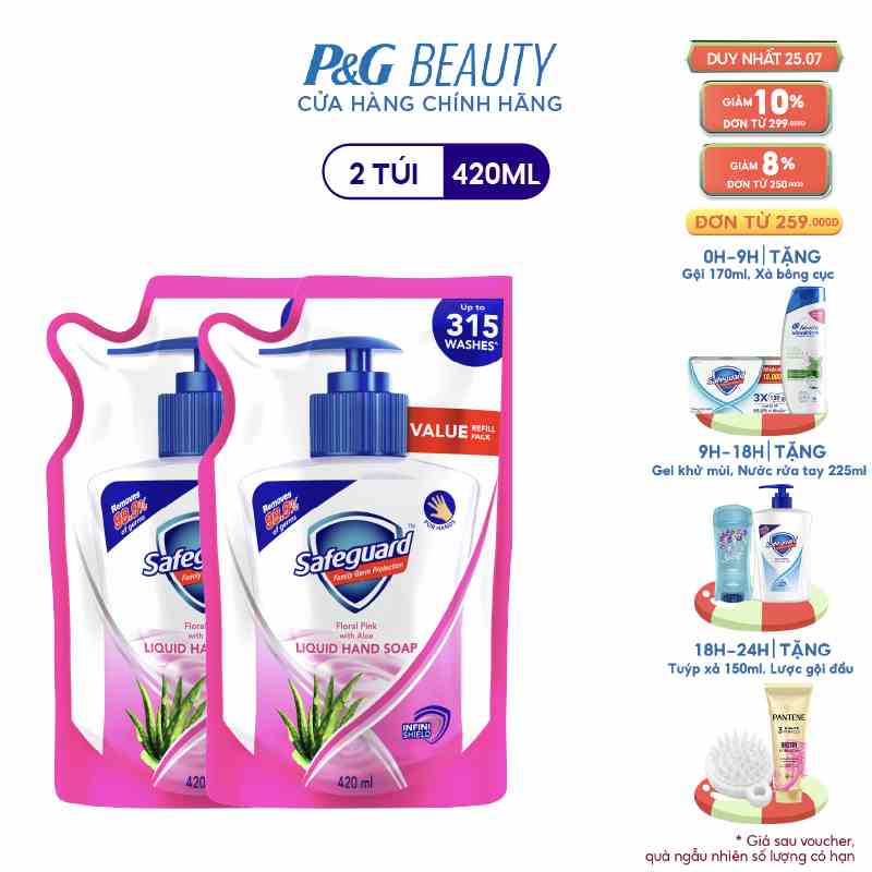 Combo 2 Nước Rửa Tay SAFEGUARD Sạch 99,9% Vi Khuẩn & Dịu Nhẹ Cho Da Túi 420ml Hoa Hồng Lô Hội