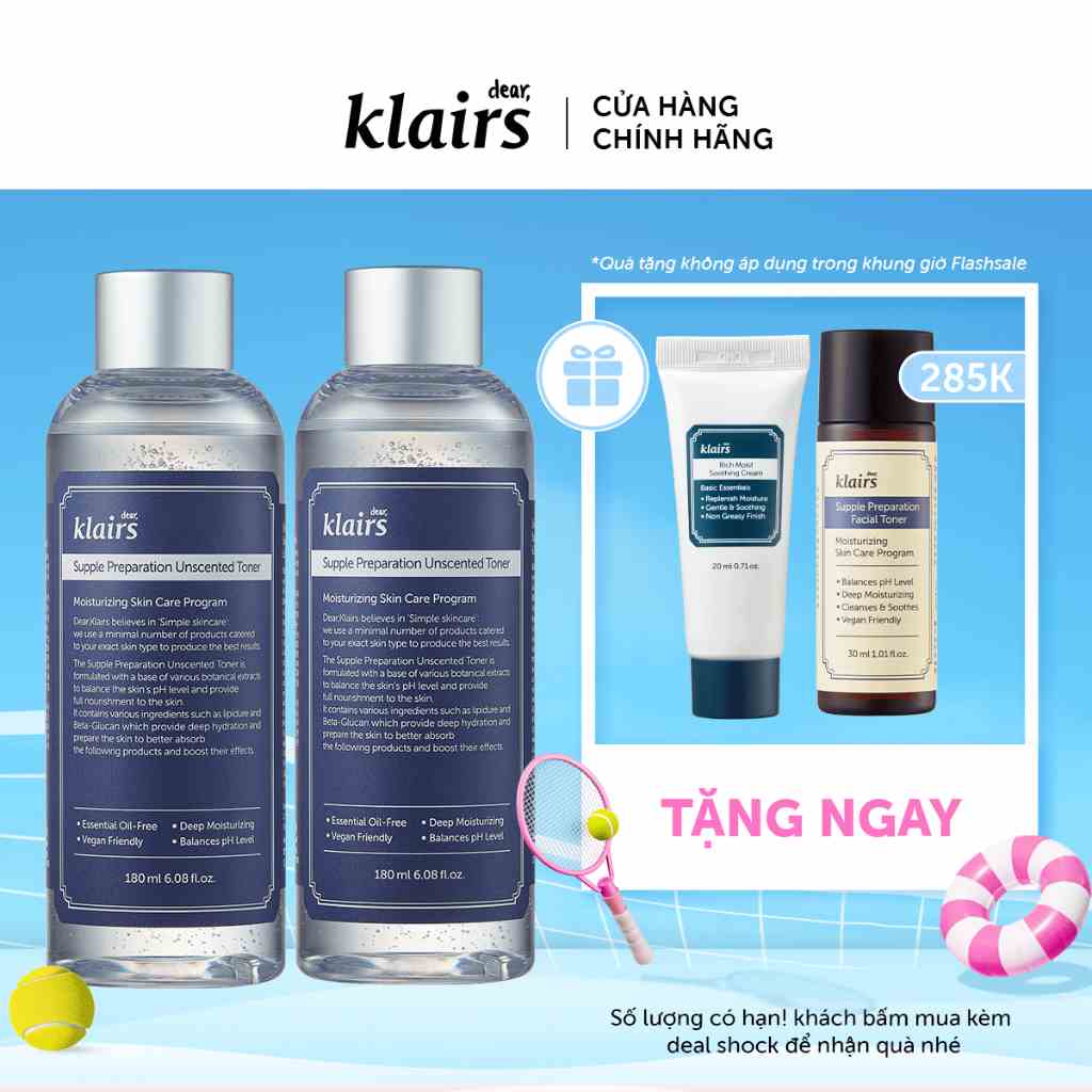 Combo 2 Nước hoa hồng Dear, Klairs Supple Preparation Unscented Toner 180ml