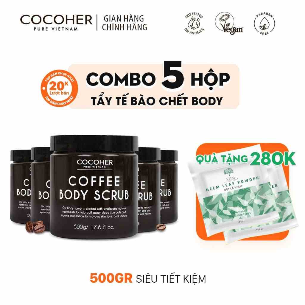 Combo 5 hộp Tẩy tế bào chết trắng da cà phê hữu cơ COCOHER Daklak 500gr kích thích tái tạo và sản sinh collagen tự nhiên