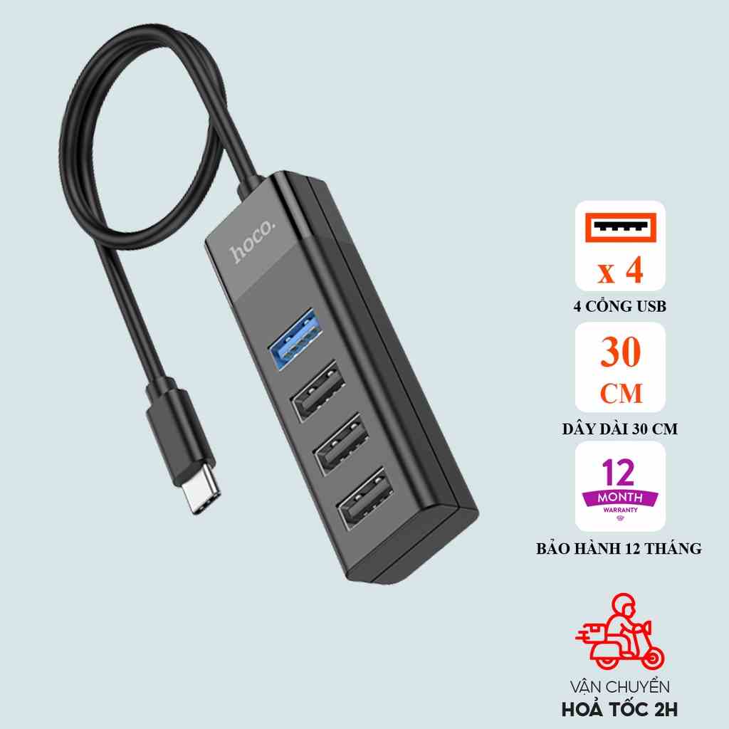 Hub 4 cổng Hoco HB25 chuyển Type-C sang USB ( 1 x 3.0 và 3 x 2.0) cho thiết bị ngoại vi: chuột, keyboard, USB, ổ cứng...