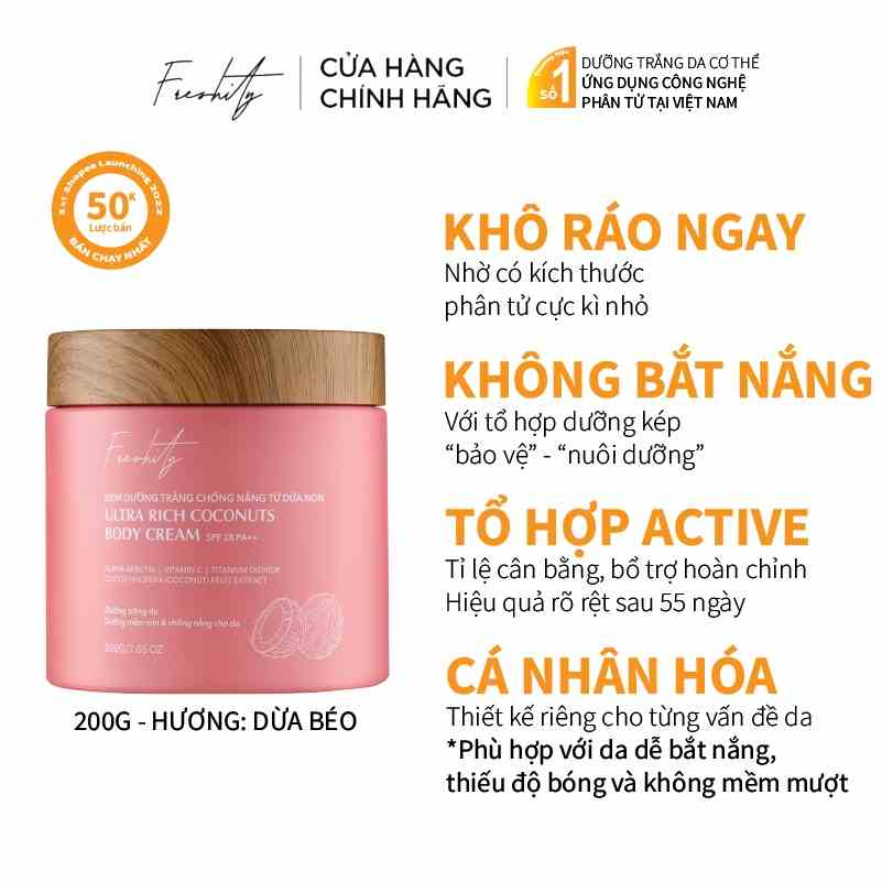 Kem dưỡng trắng chống nắng cơ thể  SPF 28 PA++ Freshity từ dừa non 200g