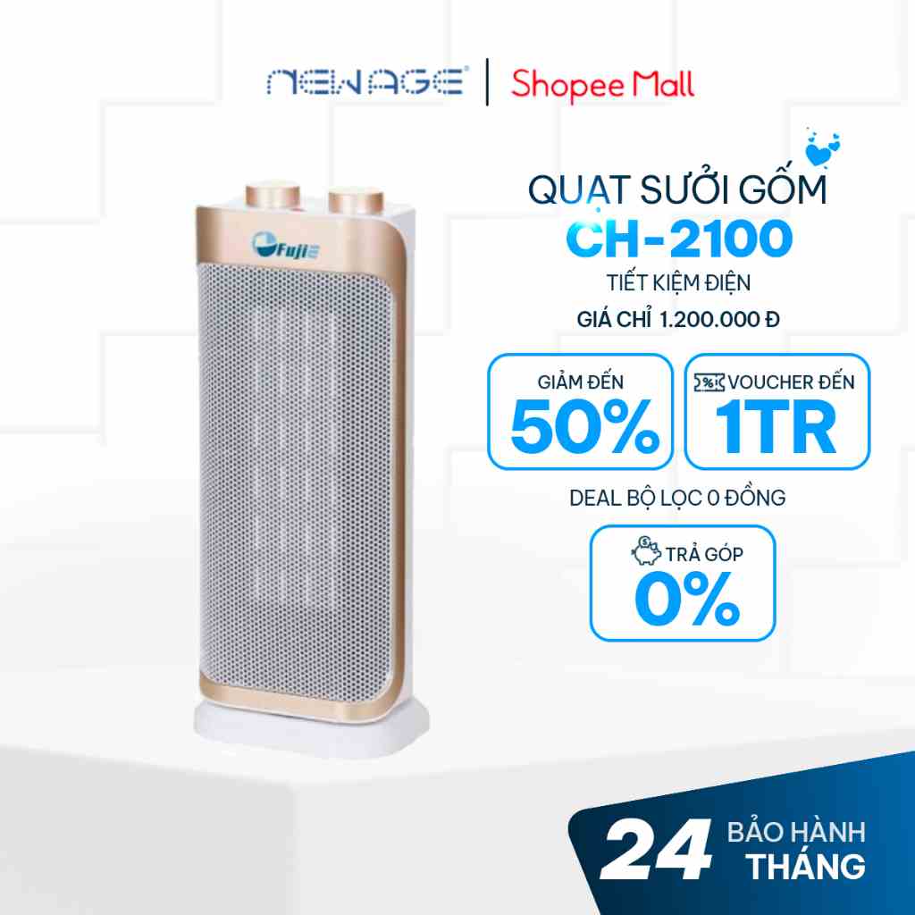 Quạt Sưởi Gốm Ceramic, Máy Sưởi Ấm Để Sàn FujiE CH-2100, không đốt oxi, tự ngắt khi quá nhiệt và nghiêng đổ, an toàn