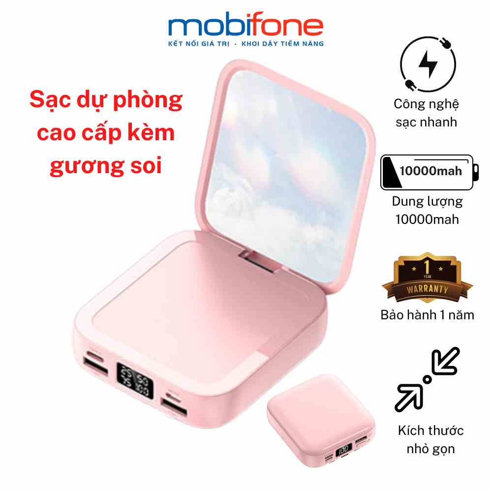 Sạc dự phòng Mobifone cho iphone, samsung, dung lượng 10.000mAh, kèm gương đa năng, sạc siêu nhanh, tặng dây sạc