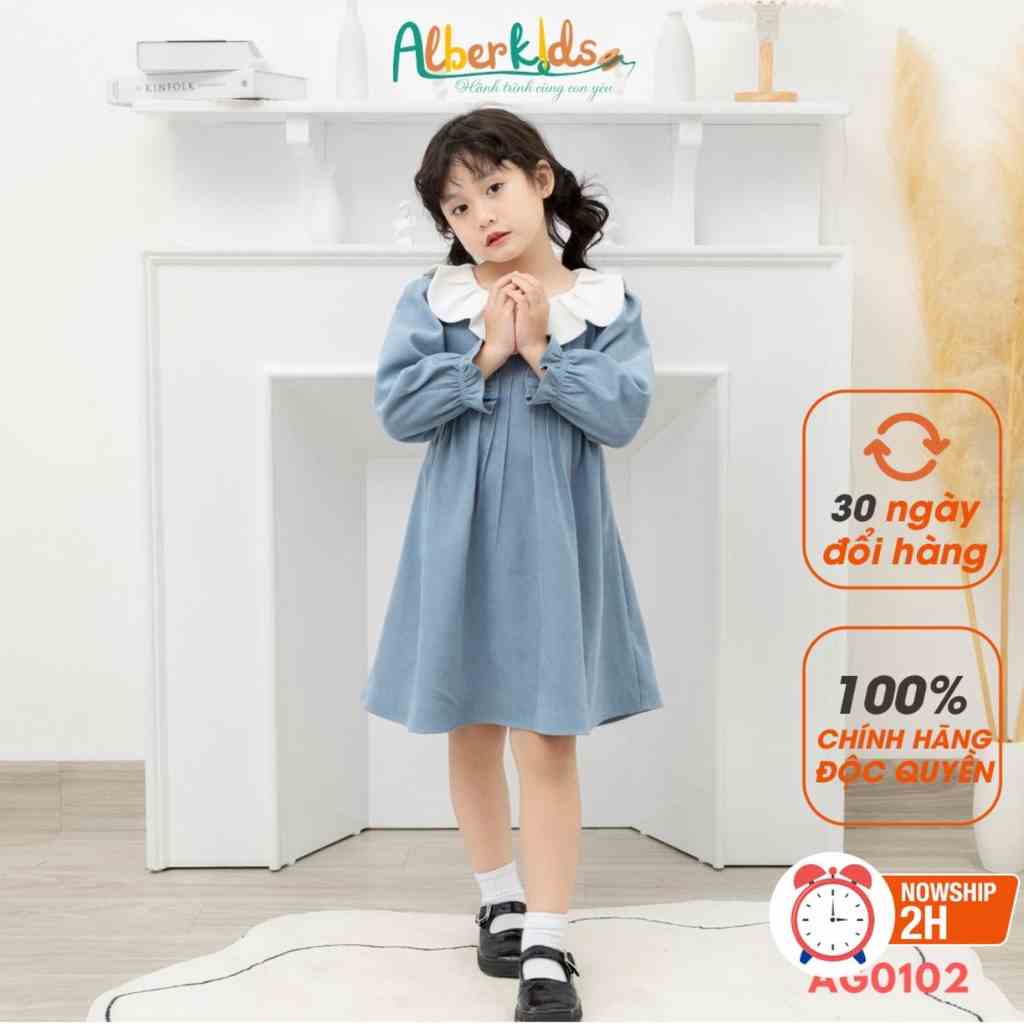 Váy bé gái ALBER KIDS tay dài xanh phối cổ trắng xinh đẹp cho trẻ em 2,3,4,5,6,7,8,9,10,11,12 tuổi AG0102