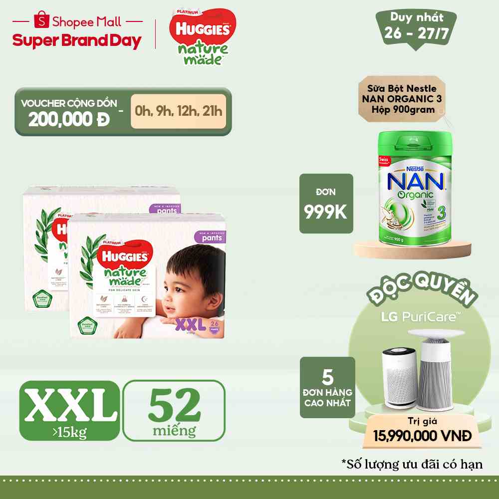 [HUGFEB15 -10% max 60k đơn 400k] Combo 2 Tã Quần Huggies Platinum Nature Made XXL26