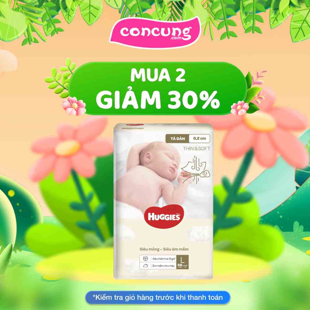 Bỉm tã dán Huggies Thin & Soft size L 9-14kg 46 miếng