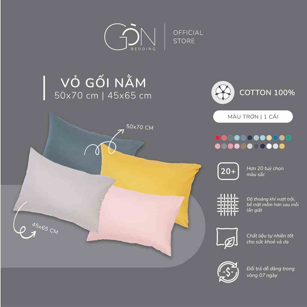 [Nhiều màu] 01 Vỏ Gối Nằm Gòn Bedding Cotton 100% Hàn Quốc Màu Trơn 60x80 cm