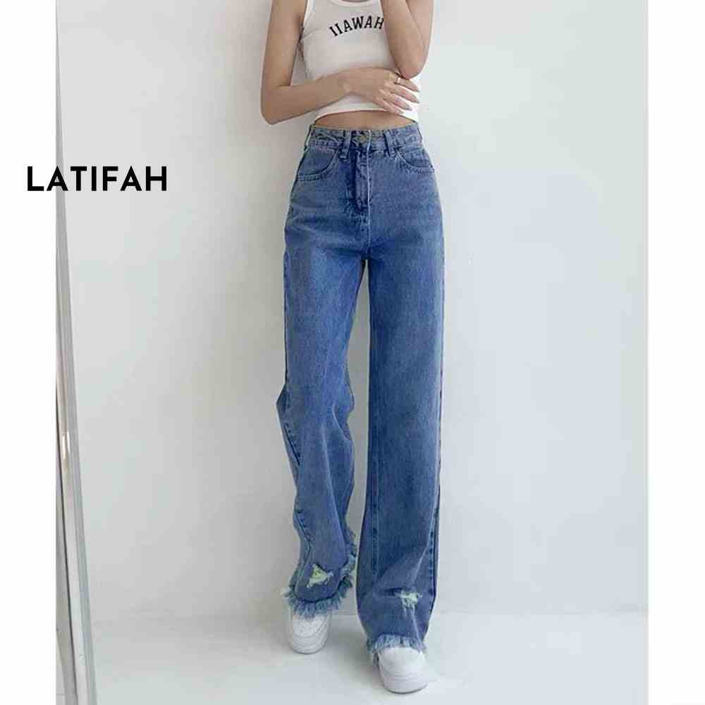 Quần baggy jeans nữ LATIFAH ống rộng dài 98cm tua lai mài rách màu xanh QD253