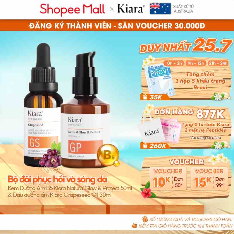 Bộ đôi phục hồi da sáng da Kem Dưỡng Ẩm B5 Kiara Natural Glow & Protect 50ml & Dầu dưỡng ẩm Kiara Grapeseed Oil 30ml