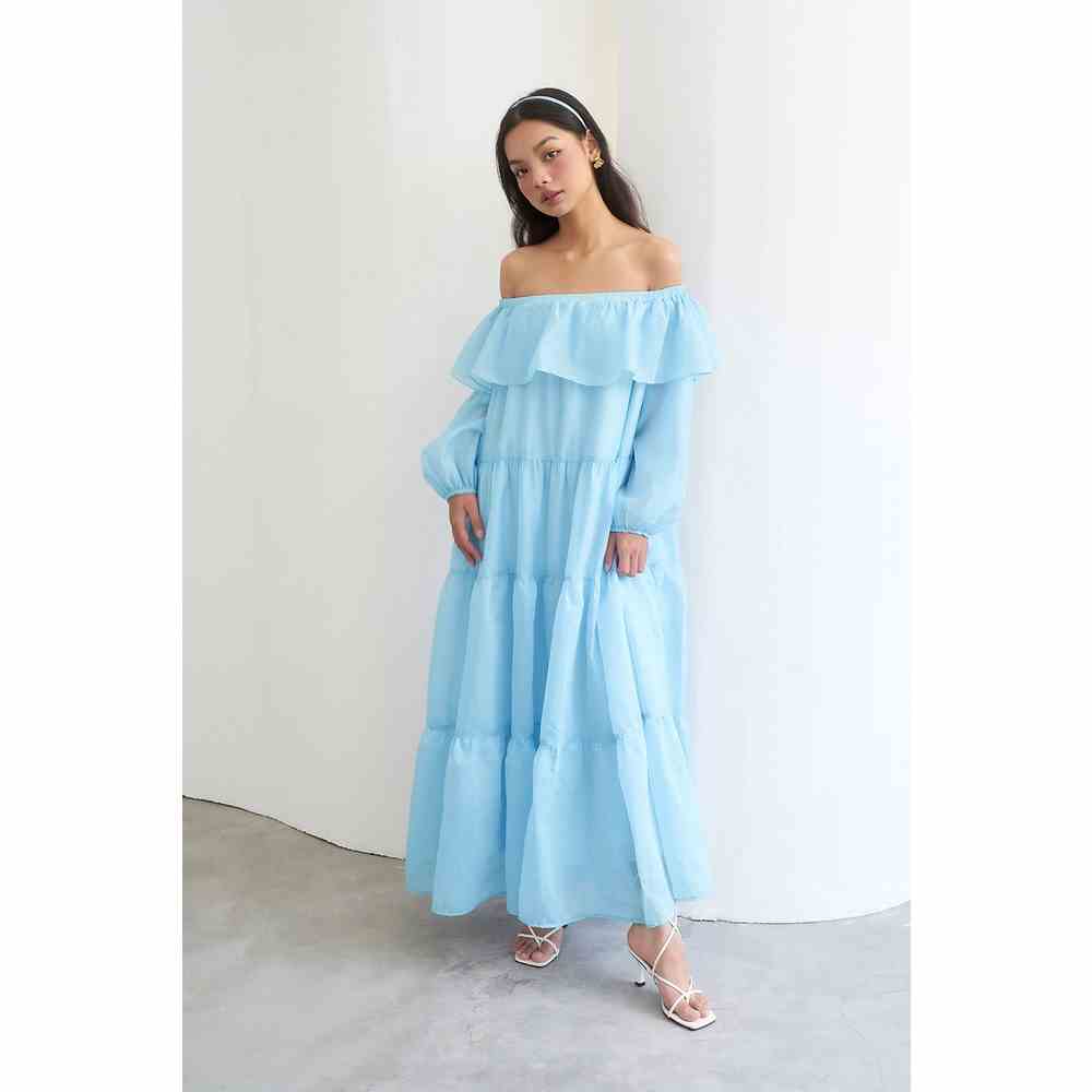 DOTTIE - Đầm maxi bẹc vai phối bèo nữ xanh trời D0424