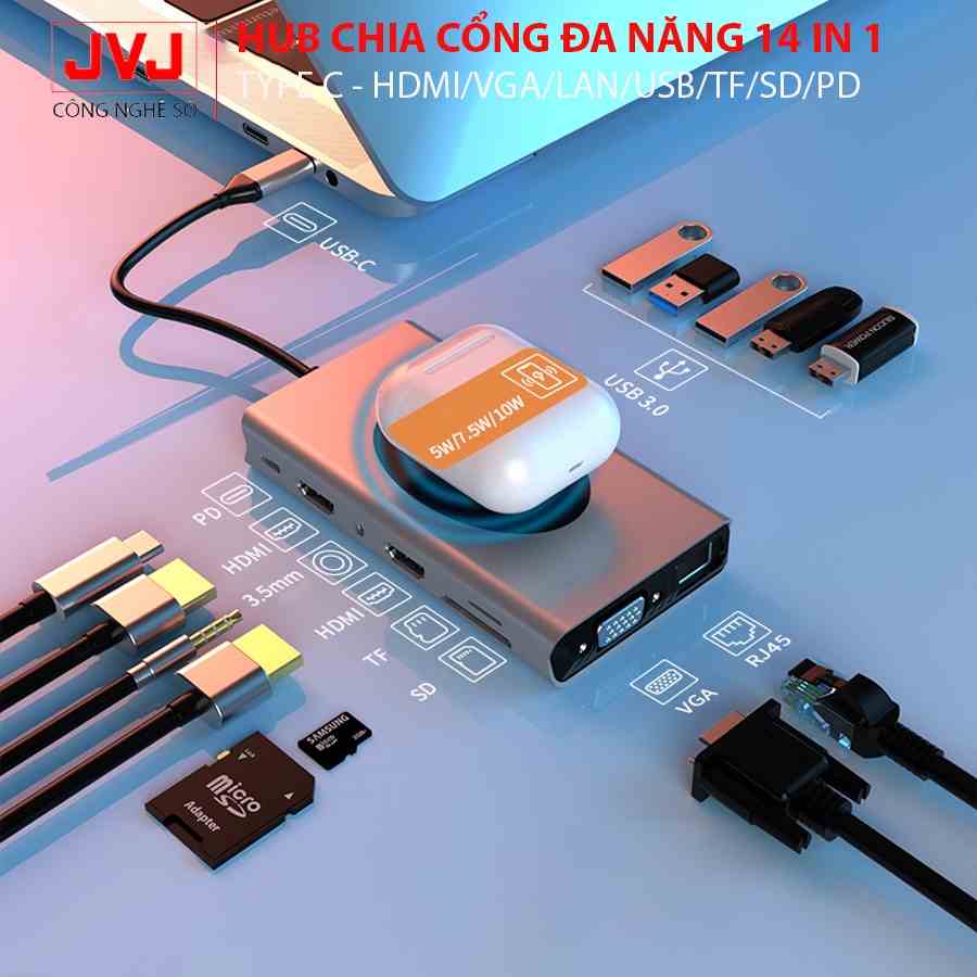 Hub type C JVJ C14 đa năng cổng chuyển đổi chia cổng cho Laptop táo, HÀNG CHÍNH HÃNG - BẢO HÀNH 2 NĂM