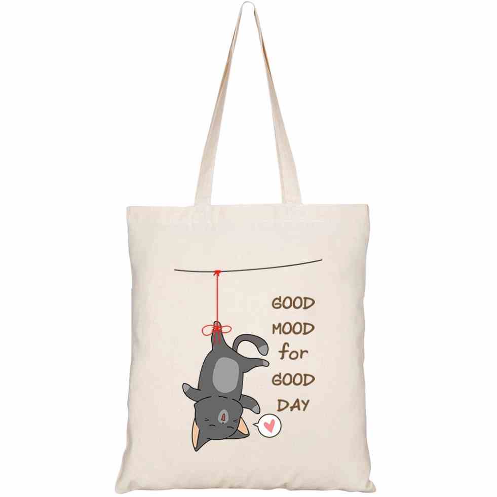 Túi Tote Vải Canvas GINKO Kiểu Basic có dây kéo khóa (có túi con) in hình cute hanging cat cartoon style HT152