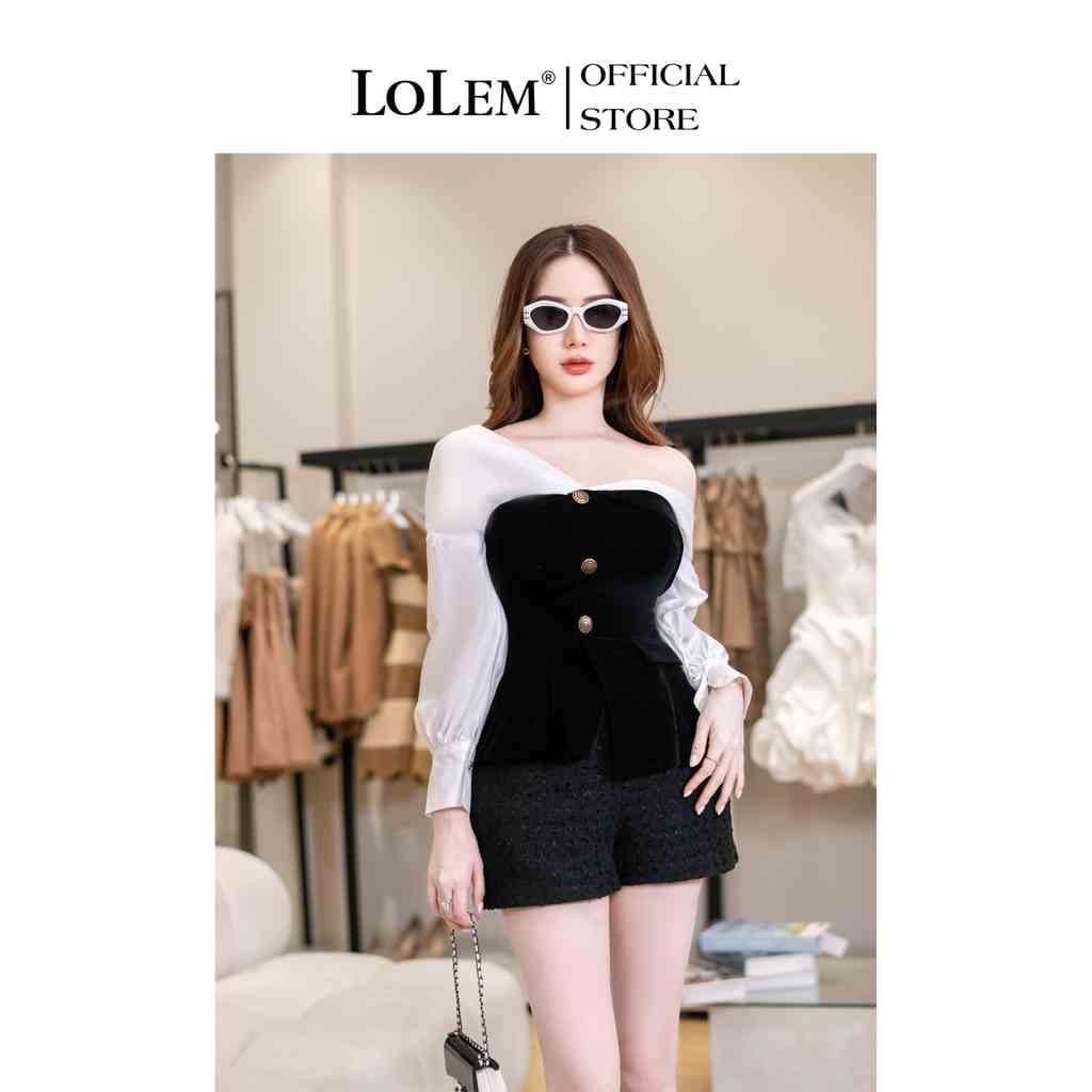 Áo peplum LOLEM AK1325 phối tay sơ mi lệch vai vải nhung tăm mix thô Nhật