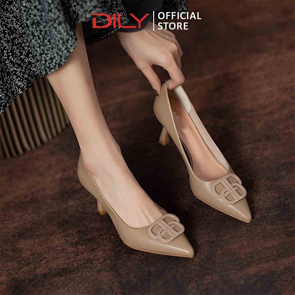 Giày cao gót bít mũi nữ DILY gót nhọn quai gắn khóa kim loại thời trang 7cm_AA0380