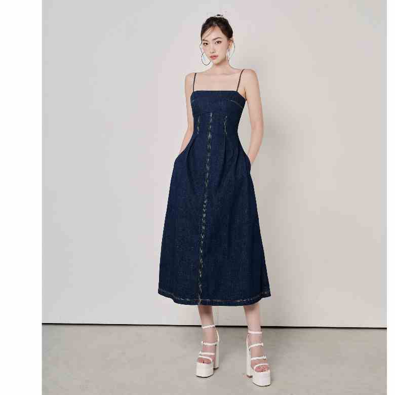 Đầm midi dây chạy chỉ thân chất denim , Peace House Clothing