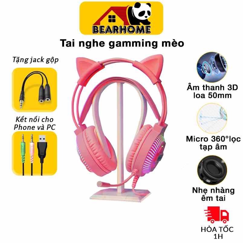 Tai nghe gaming tai nghe có dây pc chụp tai mèo có micro học online headphone có dây đẹm thoáng mát đa nền tảng Led RBG