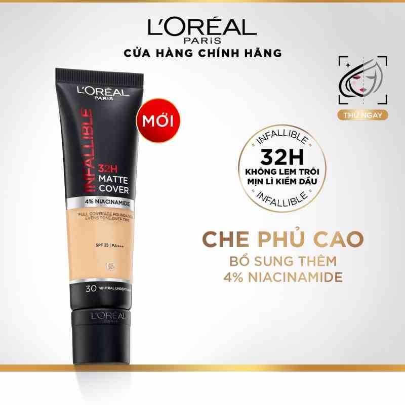 KEM NỀN CHE PHỦ CAO, KIỀM DẦU LÂU TRÔI VỚI 4% NIACINAMIDE L’OREAL PARIS 32H MATTE COVER FOUNDATION 30ml