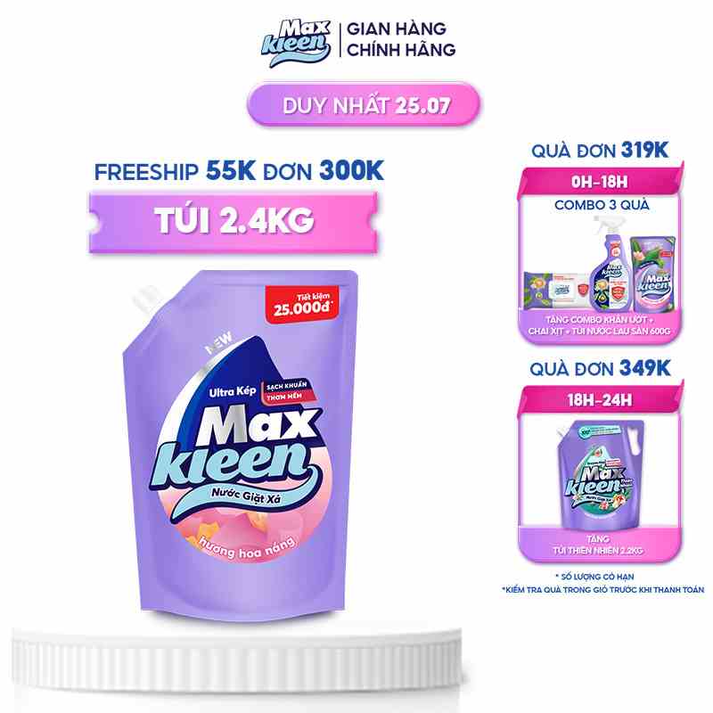 Túi Nước Giặt Xả MaxKleen Hương Hoa Nắng 2,4kg