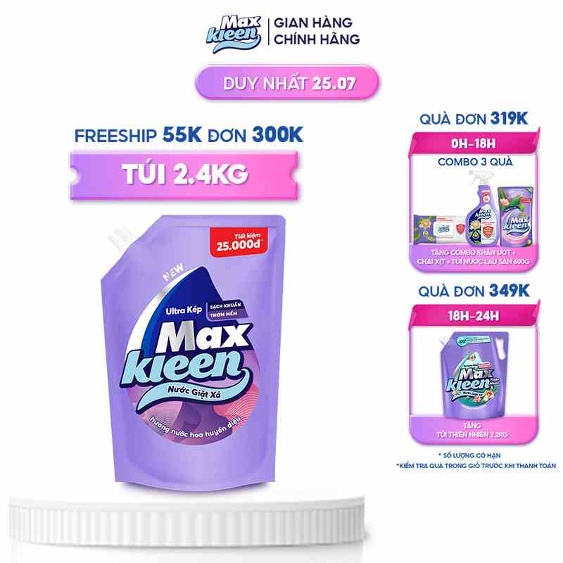 Túi Nước Giặt Xả MaxKleen Hương Nước Hoa Huyền Diệu 2,4kg