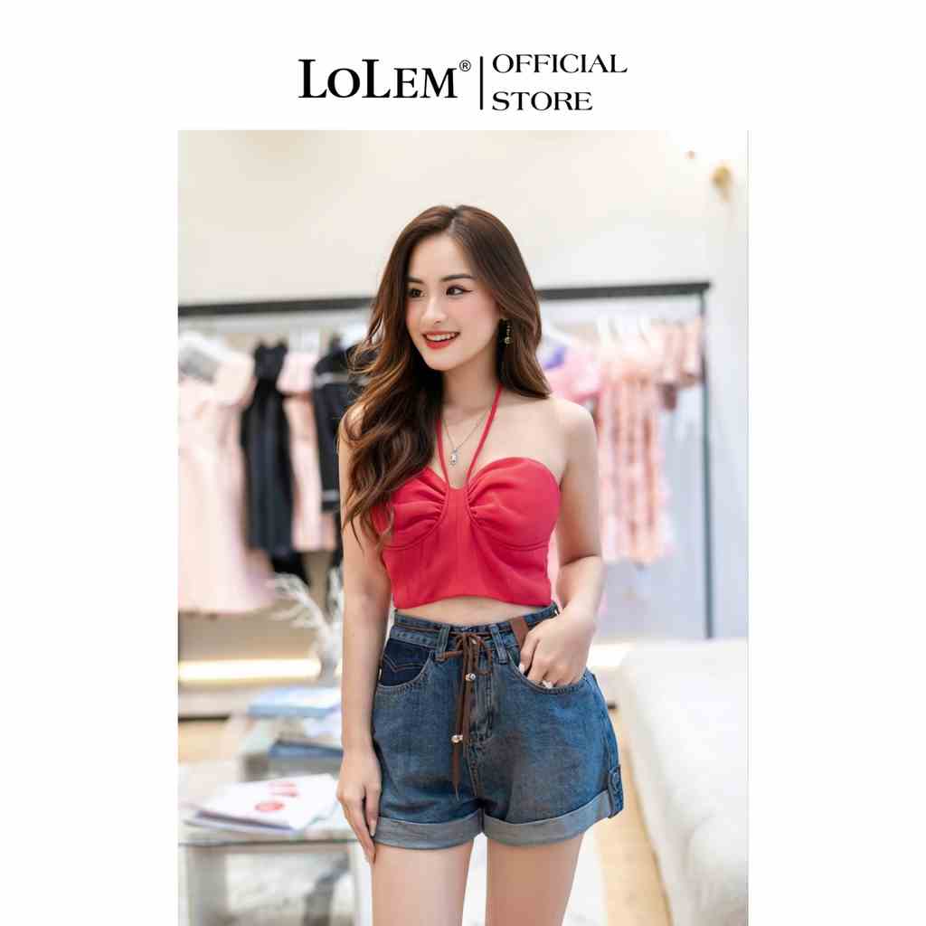 Áo croptop cổ yếm LOLEM AK1246 điểm nhấn nhún ngực mix dây cổ