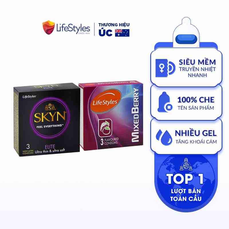 Combo 1 Hộp Bao Cao Su LifeStyles SKYN Elite Non-latex 3 bao + 1 Hộp Bao Cao Su LifeStyles Mixed Berry 3 bao