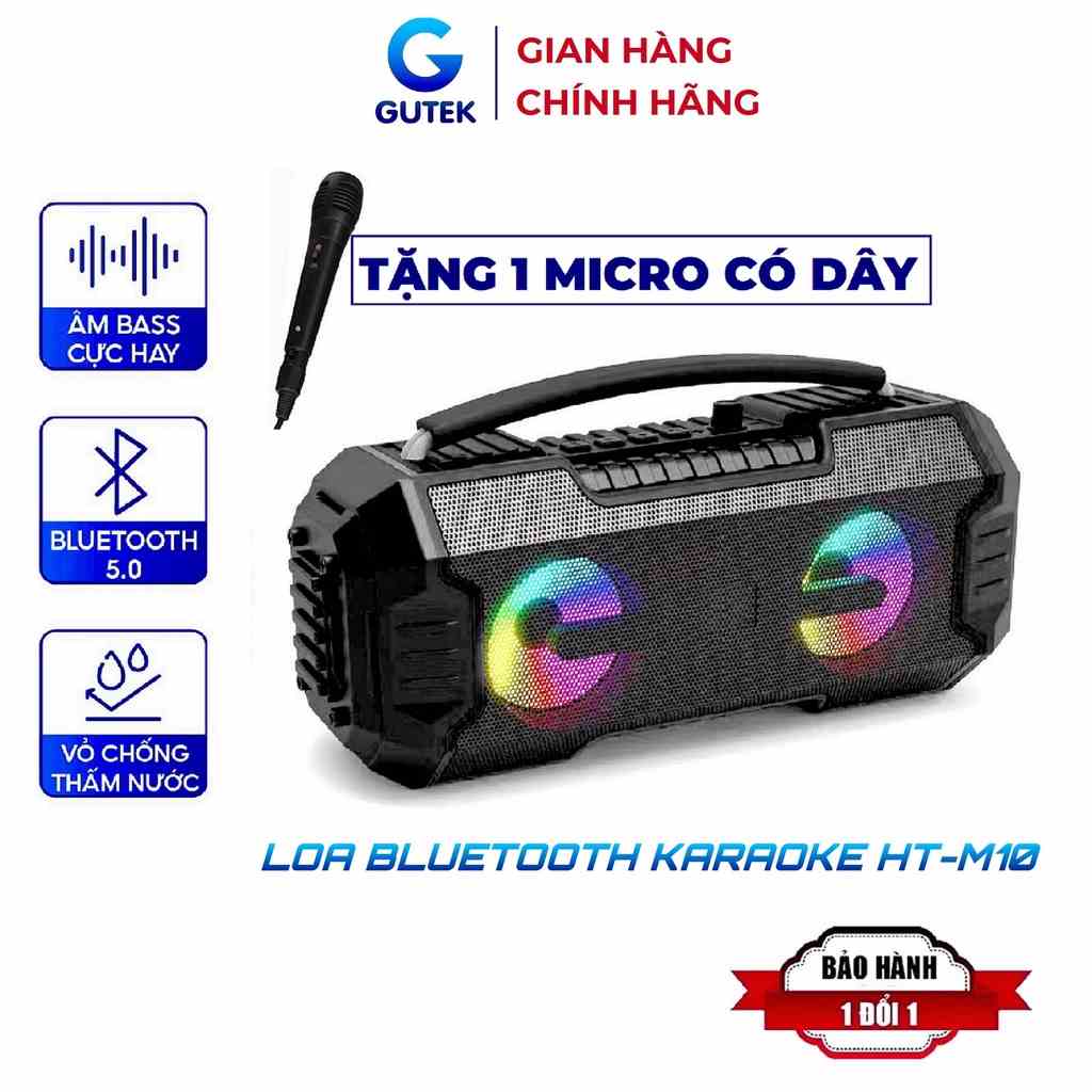 Loa Bluetooth Karaoke Xách Tay Gutek HT-M10 Bass Siêu Trầm Tặng Kèm 1 Mic Hát Có Dây Cắm Trực Tiếp