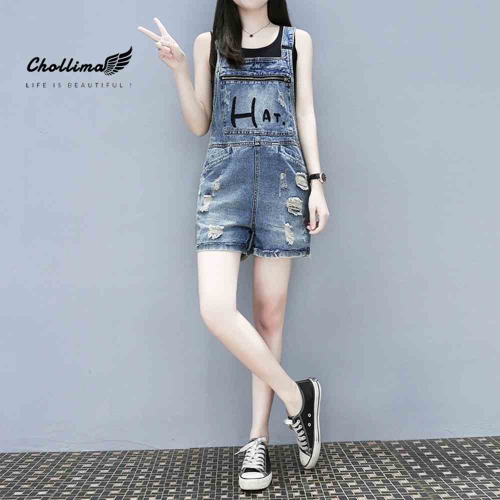 Yếm short jean Chollima dây kéo thêu chữ HAT YJ021 phong cách hàn quốc