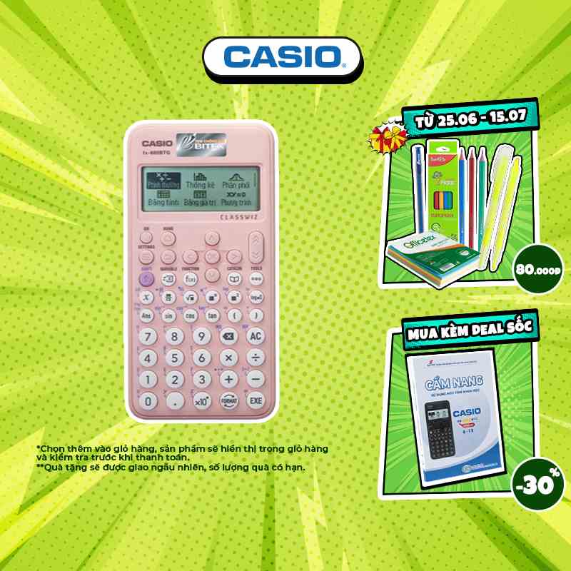 Máy tính học sinh Casio Fx-880BTG màu hồng dành cho học sinh cấp 2 cấp 3 lớp 6 đến lớp 12 chuyên dụng mang vào phòng thi