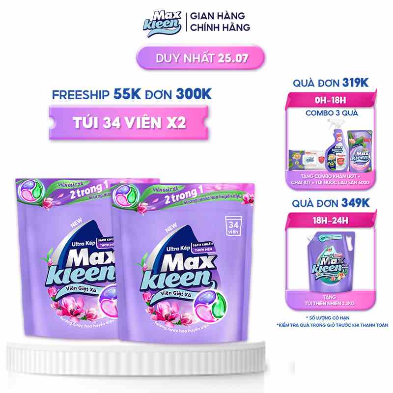 Combo 2 Túi Viên Giặt Xả MaxKleen 2 Trong 1 Hương Nước Hoa Huyền Diệu (34 viên/túi)