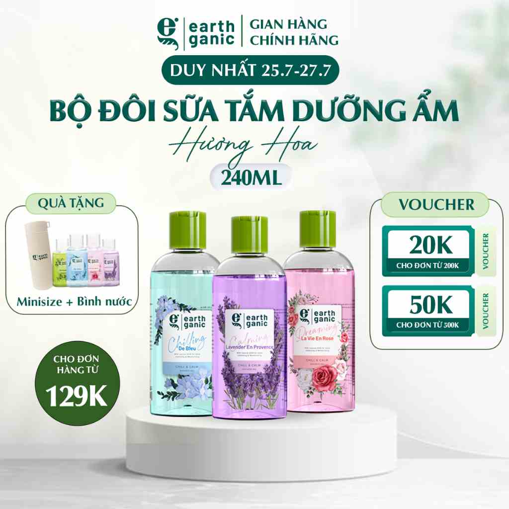 Combo tiết kiệm Hương hoa 240ml - Bộ đôi sữa tắm trắng da Earthganic  AHA dưỡng ẩm thơm lâu thành phần thiên nhiên