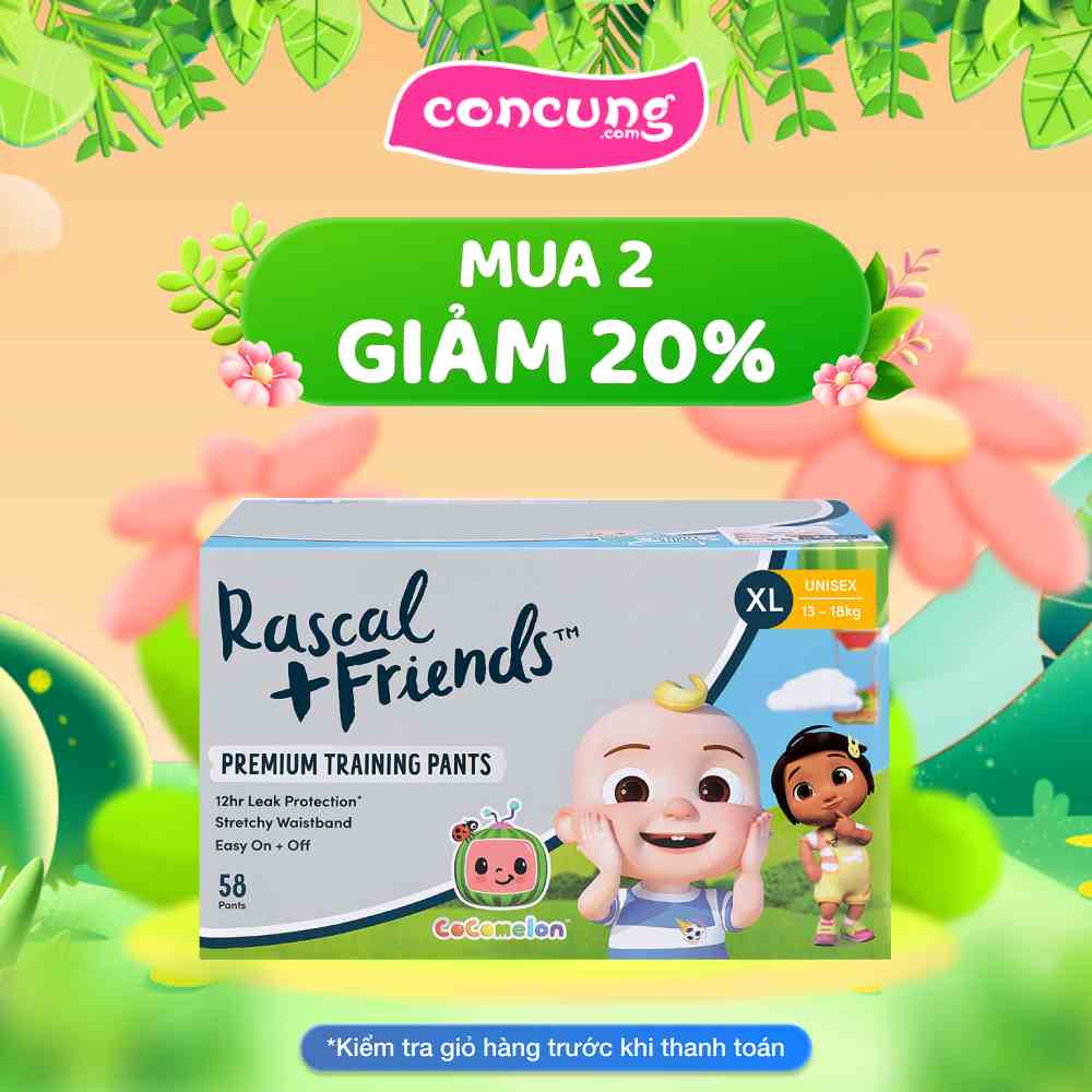 Thùng Tã quần Rascal+Friend Cocomelon size XL 13-18kg 58 miếng