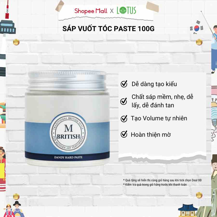 Sáp vuốt tóc tạo kiểu, tạo độ phồng nhẹ cao cấp dành cho nam nữ hàn quốc BRITISH M Dandy Hard Paste 100g