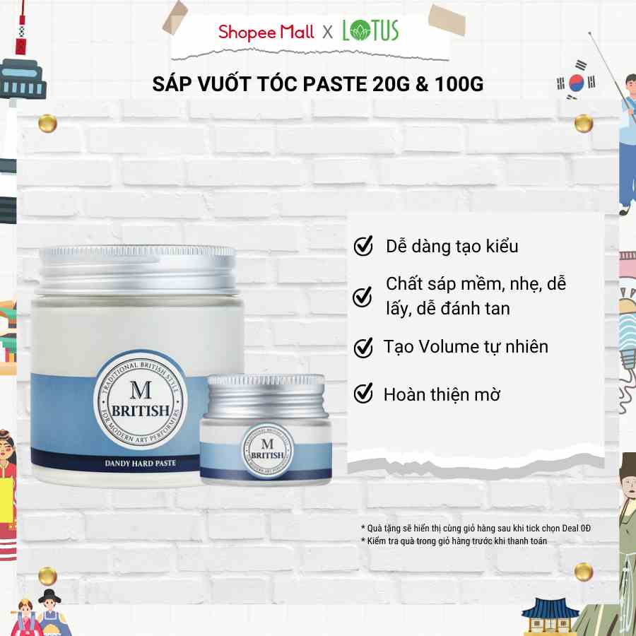 Sáp vuốt tóc tạo kiểu linh hoạt cứng vừa phải không bóng dành cho nam nữ hàn quốc BRITISH M Dandy Hard Paste 20g và 100g