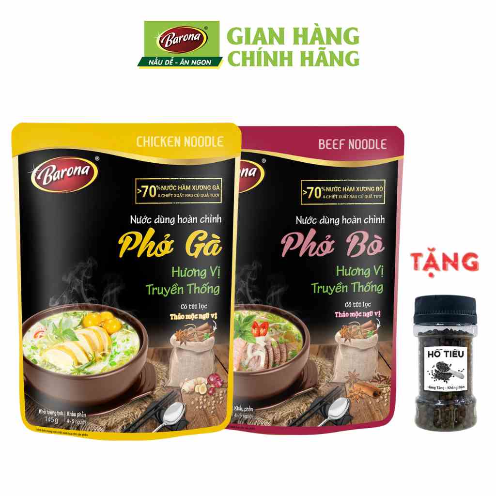 Combo 1 gói Nước dùng Phở Bò Barona 150g và 1 gói Nước dùng Phở Gà Barona 145g, tặng tiêu hạt