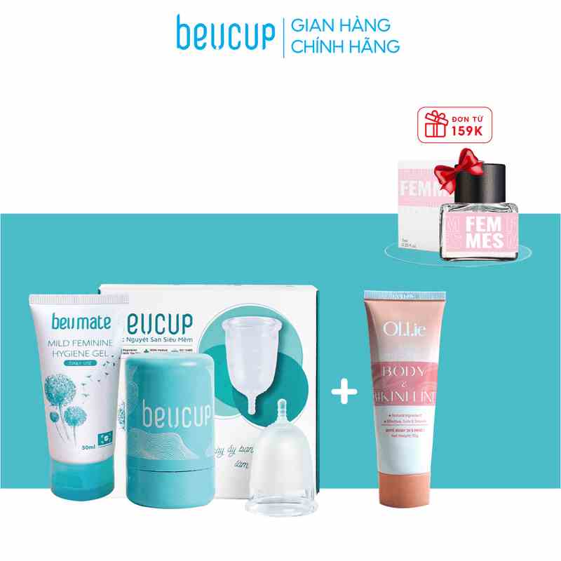 Combo bộ cốc nguyệt san BeUcup chính hãng chuẩn FDA Hoa Kỳ + kem tẩy lông Ollie dịu nhẹ, thơm mát