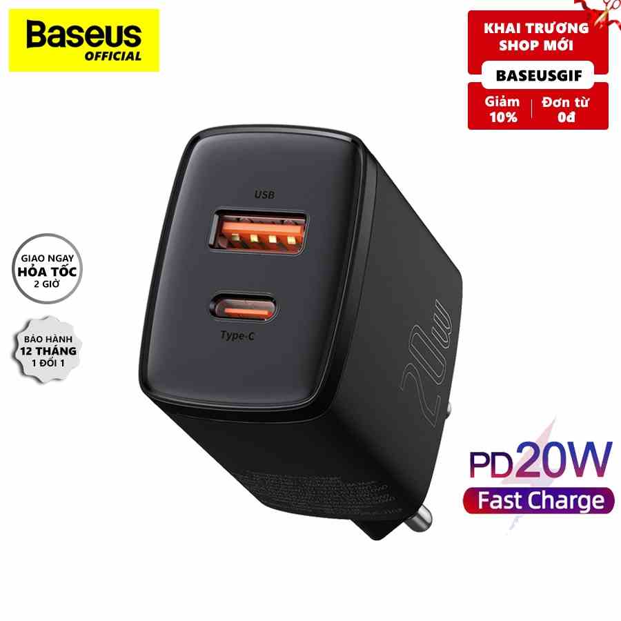 [Mã BMLTB35 giảm đến 35K đơn 99K] Củ Sạc Baseus Compact 20W PD 2 Cổng USB-A & Type-C - Hàng chính hãng