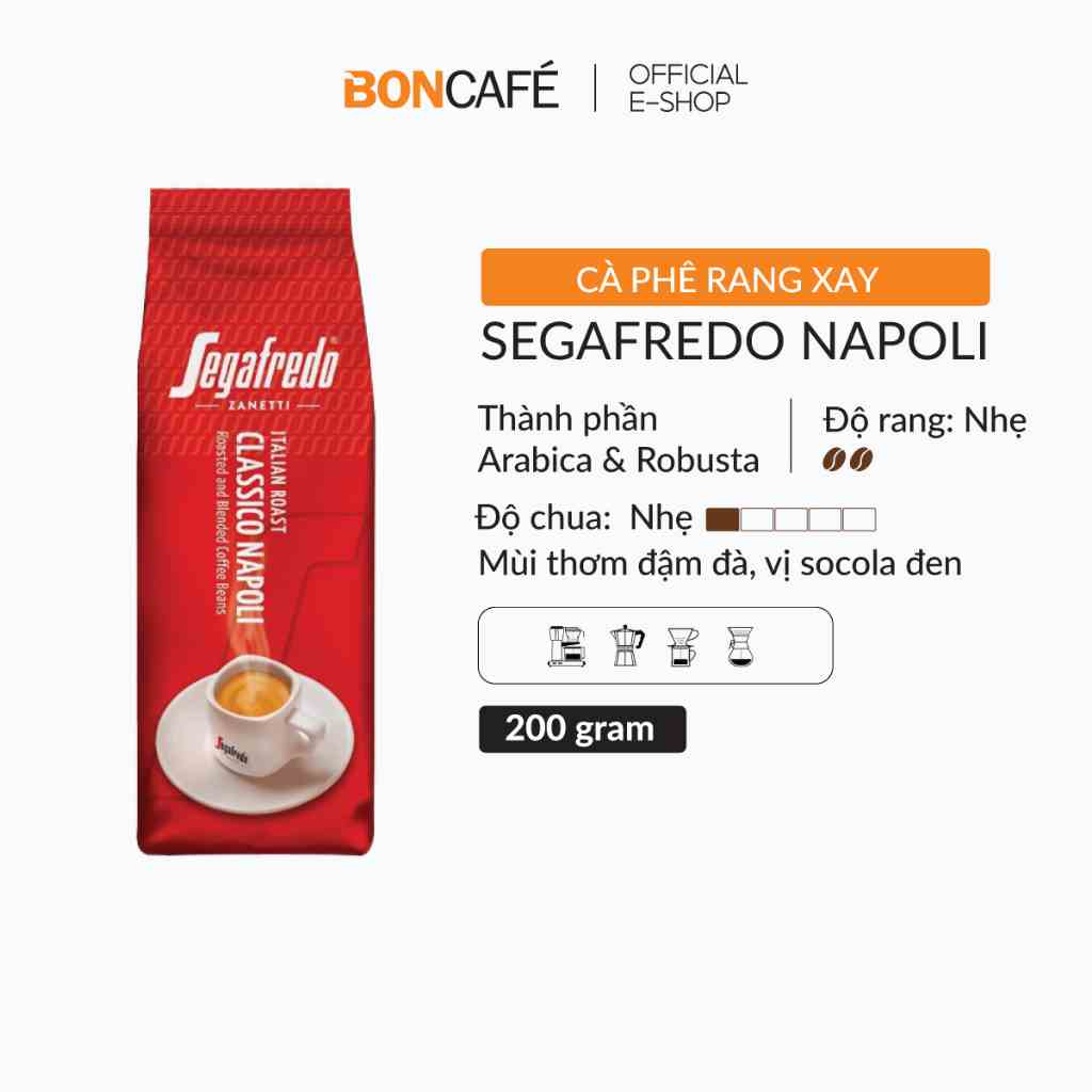 Cà phê rang xay nguyên chất Arabica & Robusta vị đậm vừa, hương socola đen Segafredo Napoli 200g/gói