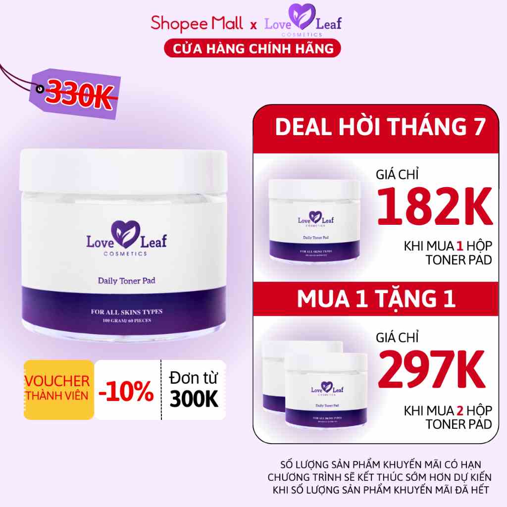 Daily Toner Pad Love Leaf Dạng Miếng Hỗ Trợ Cấp Ẩm, Dịu Da, Thu Nhỏ Lỗ Chân Lông, 60 Miếng