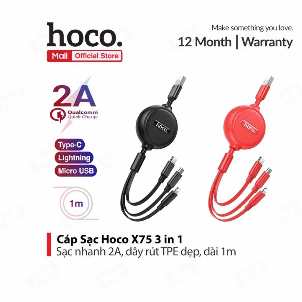 Cáp Sạc Hoco X75 3in1 dành cho Smartphone/Android/Ip10/11/12 thiết kế dây rút đa năng tiện tương thích tốt