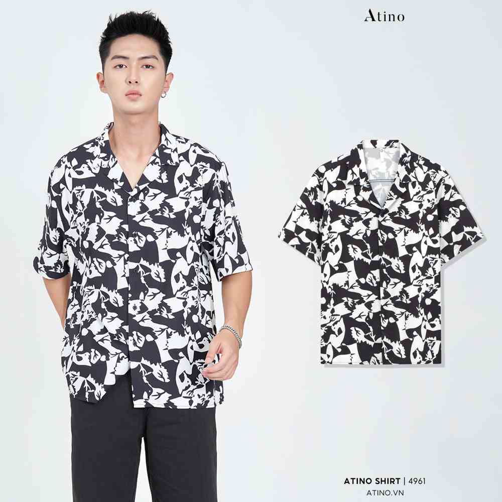 Áo Sơ Mi Cộc Tay Nam Cuban Shirt Họa Tiết ATINO vải lụa form regular SM1.4961